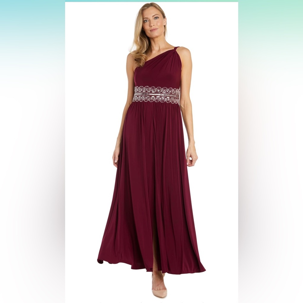 NWT • R&M Richards •!Womens Beaded Full Length Evening Dress • Merlot • Size 10